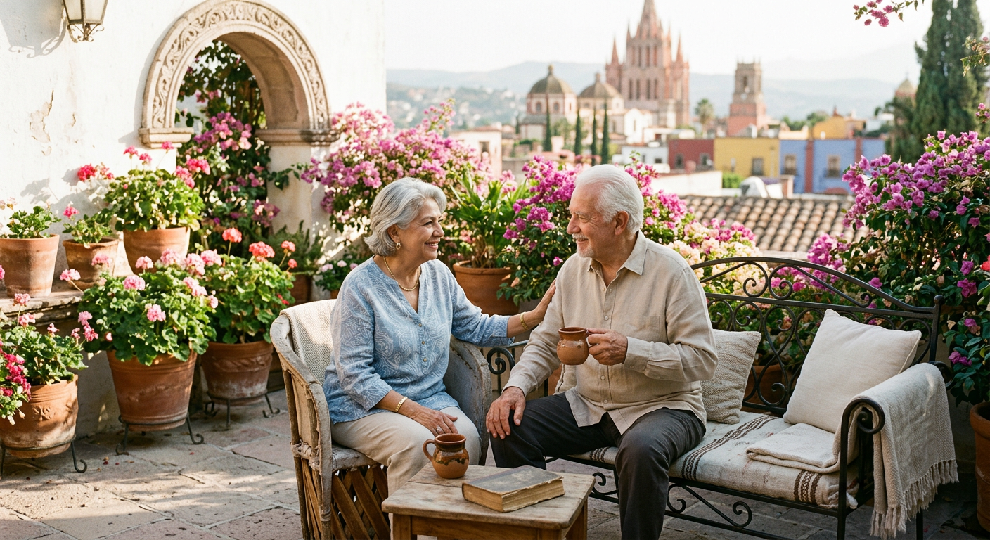 A retired couple sharing coffee on a sunlit terrace in San Miguel de Allende, Mexico